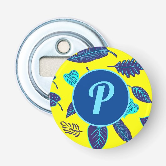 Felle geel tropisch bladpatroon monogram button flesopener (Voorkant)