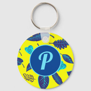 Felle geel tropisch bladpatroon monogram sleutelhanger