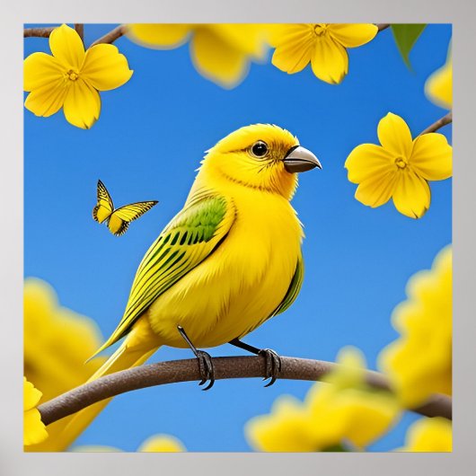 Felle gele zangvogel op een tak poster (Voorkant)