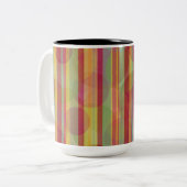 Felle gestreepte rode, gouden, roze en groene mok (Voorkant links)