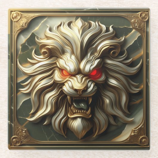 Felle Gouden Leeuw met Blazende Rode Ogen Glazen Onderzetter (Voorkant)