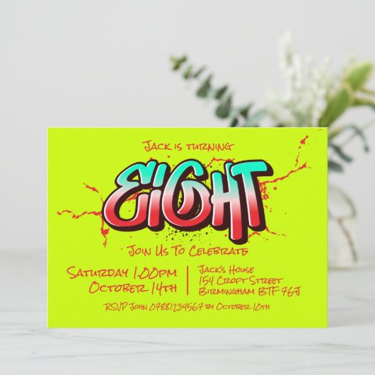 Felle Graffiti Acht Uitnodiging (Staand voorkant)