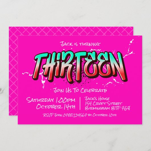 Felle Graffiti Dertien Uitnodiging (Voorkant / Achterkant)