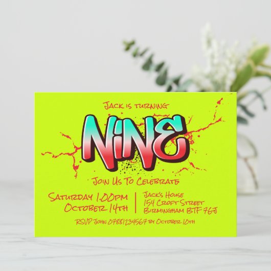 Felle Graffiti Negen Uitnodiging (Staand voorkant)