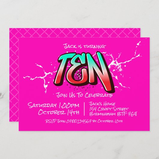 Felle Graffiti Tien Uitnodiging (Voorkant / Achterkant)