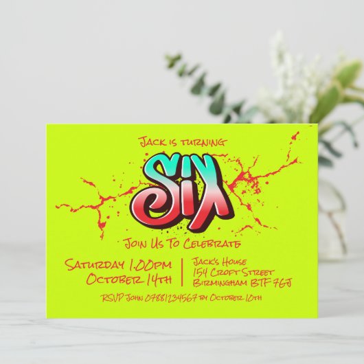 Felle Graffiti Zes Uitnodiging (Staand voorkant)