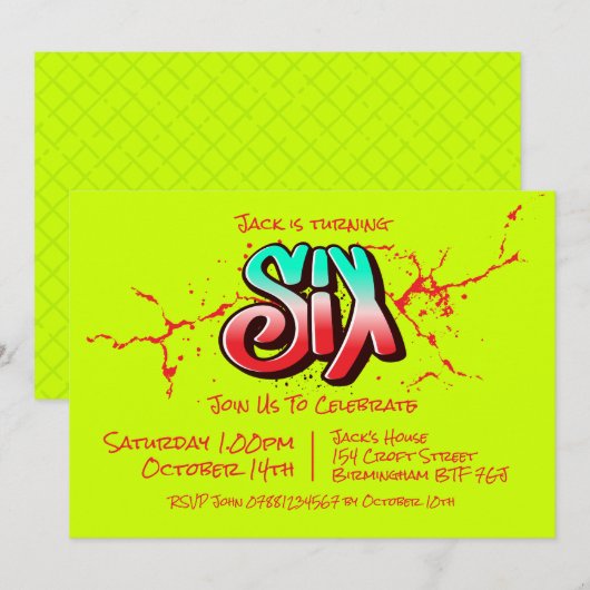 Felle Graffiti Zes Uitnodiging (Voorkant / Achterkant)