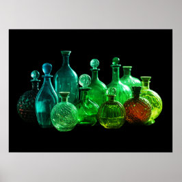 Felle groene glazen flessen Zwarte achtergrond muu Poster