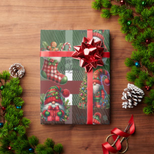 Felle groene kerst geruite gemberkoek kabouter cadeaupapier