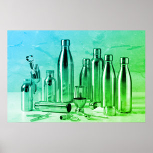Felle groene stalen waterflessen op een retro muur poster