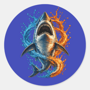 Felle Haai Splashedesign – Blauwe & Oranje Oceaan  Ronde Sticker