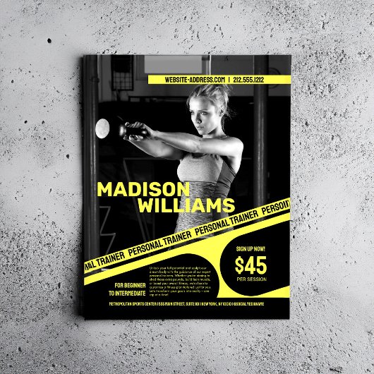 Felle heldergele foto van personal trainer flyer