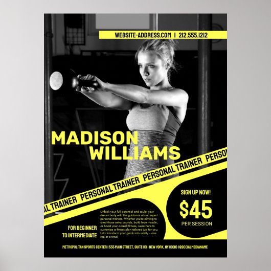 Felle heldergele foto van personal trainer poster (Voorkant)