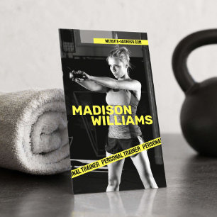 Felle heldergele foto van personal trainer visitekaartje