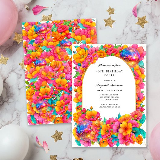 Felle hete roze glitters bloemige discobal verjaar kaart
