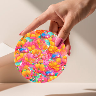Felle hete roze oranje bloemendisco bal verjaardag ronde kartonnen onderzetter