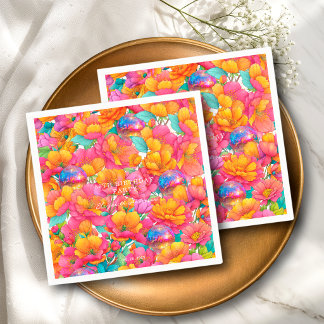 Felle hete roze oranje bloemendisco bal verjaardag servet