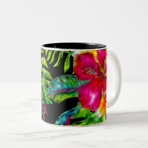 Felle Kleur Tropische Bloemen Hibiscus Bladeren Tweekleurige Koffiemok