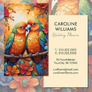 Felle kleurrijke liefdesvogels tropische bloemen visitekaartje