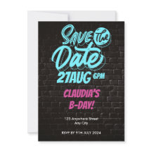 Felle Neon Bakstenen Muur Verjaardag Save the Date