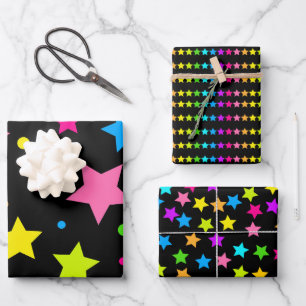 Felle Neonsterren op Zwart Inpakpapier Vel