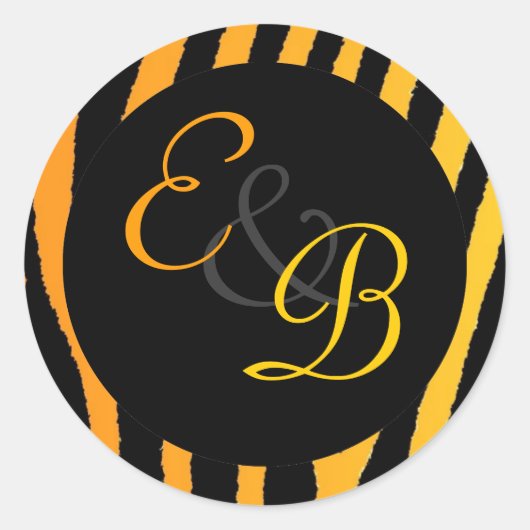 Felle oranje-gele zebra gestreepte monogramlabels ronde sticker (Voorkant)