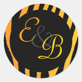 Felle oranje-gele zebra gestreepte monogramlabels ronde sticker