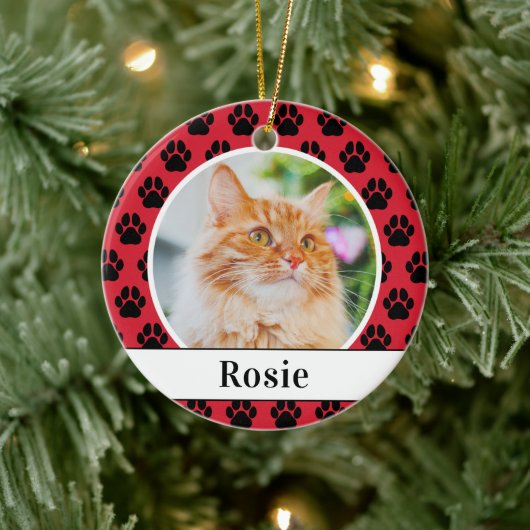 Felle Rode Kat Foto Script Naam Pootafdruk Keramisch Ornament (Boom)