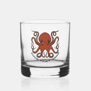 Felle Rode Octopus Met Krullende Tentakels Cartoon Whisky Glas