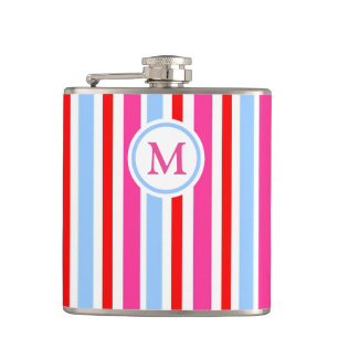 Felle rood-blauwe candy strepen monogram heupfles