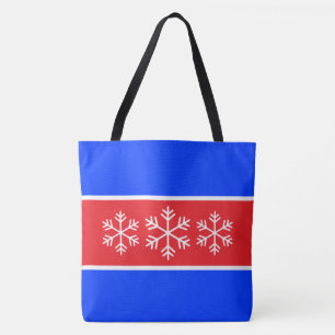 Felle rood blauwe strepen witte alpiene sneeuwvlok tote bag