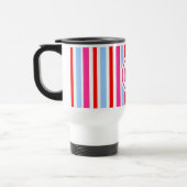 Felle rood-blauwe suikerstrepen-monogram reisbeker (Links)