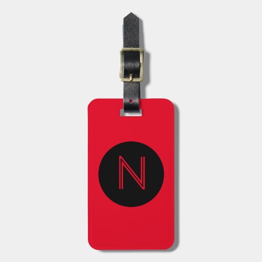 Felle rood en zwarte cirkelmonogram bagagelabel (Voorkant verticaal)