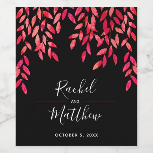 Felle roze bladeren en ranken op zwart wijn etiket (Enkel label)