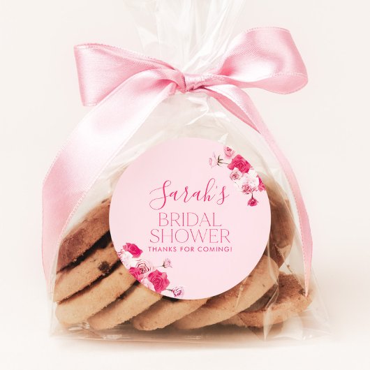 Felle roze bloem sticker bruidsfeest bedankje