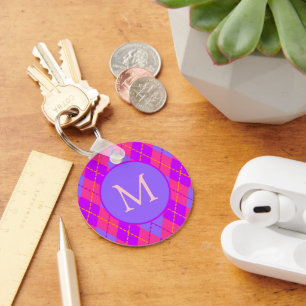 Felle roze en blauwe Argyle patroon monogram Sleutelhanger
