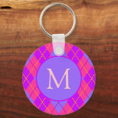 Felle roze en blauwe Argyle patroon monogram Sleutelhanger (Voorkant)