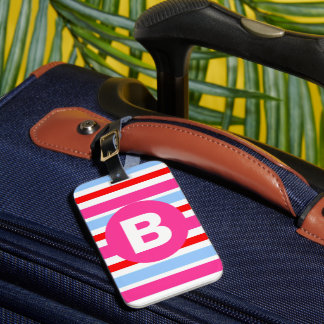 Felle roze en blauwe snoepstrepen monogram bagagelabel