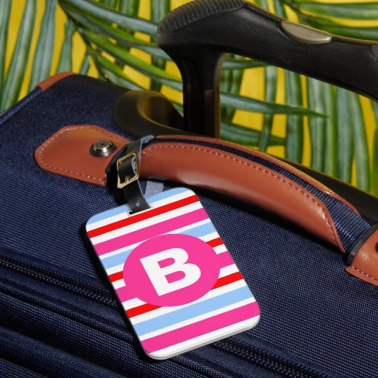 Felle roze en blauwe snoepstrepen monogram bagagelabel (Voorkant Insitu 1)