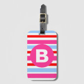 Felle roze en blauwe snoepstrepen monogram bagagelabel (Voorkant (verticaal))