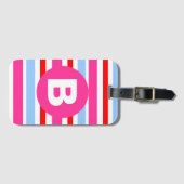 Felle roze en blauwe snoepstrepen monogram bagagelabel (Voorkant (horizontaal))