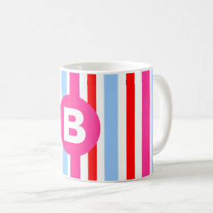 Felle roze en blauwe snoepstrepen monogram koffiemok