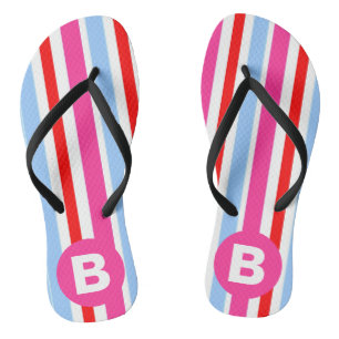 Felle roze en blauwe snoepstrepen monogram teenslippers