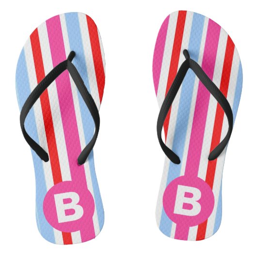 Felle roze en blauwe snoepstrepen monogram teenslippers (Voetbed)