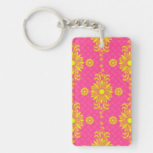 Felle roze en gele bloemenontwerp sleutelhanger