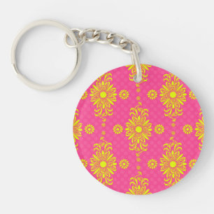 Felle roze en gele bloemenontwerp sleutelhanger