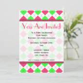 Felle roze en groene argyle mode uitnodiging (Staand voorkant)