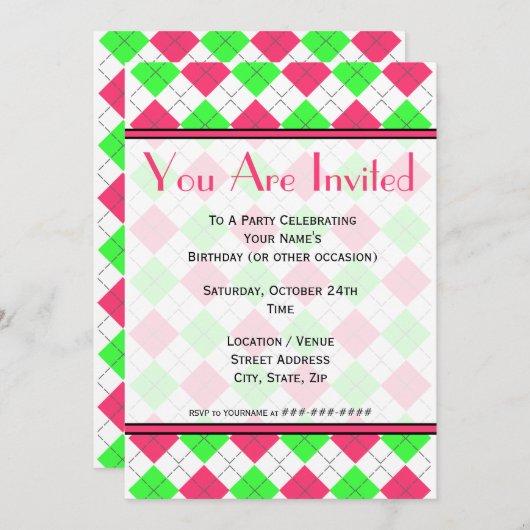 Felle roze en groene argyle mode uitnodiging (Voorkant / Achterkant)