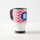 Felle roze en witte chevron motief monogram reisbeker (Voorkant links)