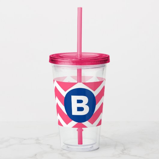 Felle roze en witte Chevron-patroon monogram Acryl Drinkbeker (Voorkant)